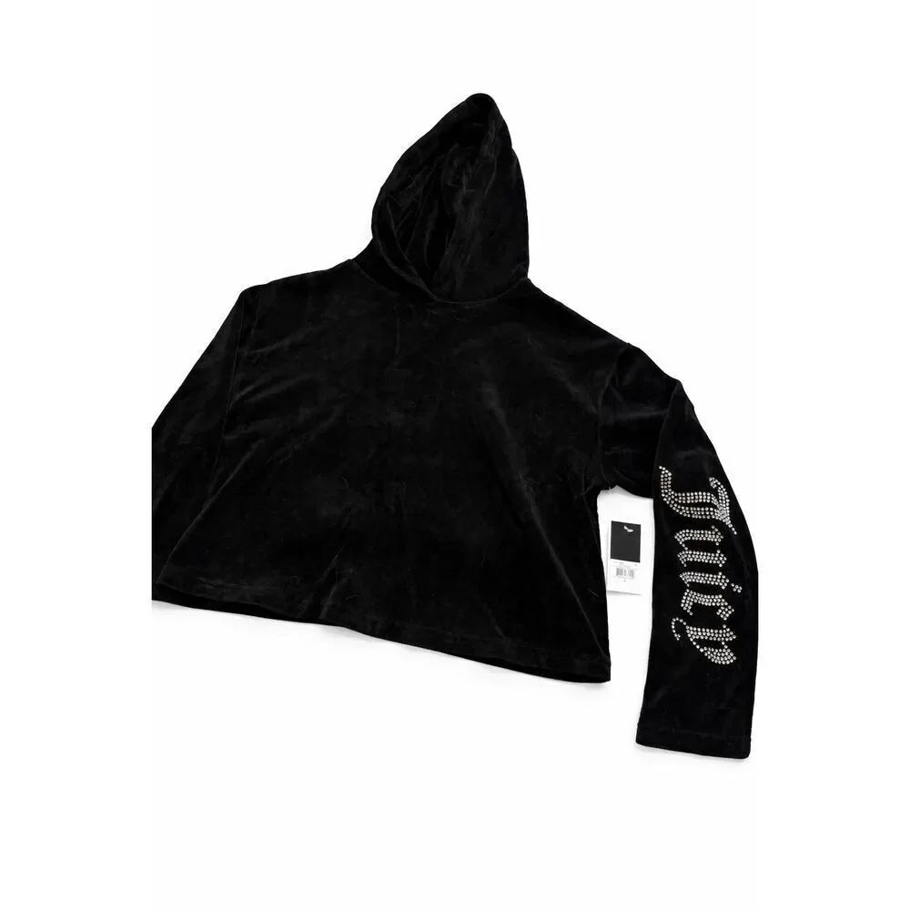 NWT Juicy Couture Y2k Black Velour Pullover Rhinestone Hoodie Size Large New